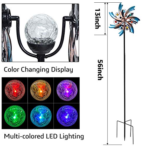Alladinbox 57 Inch Solar Wind Spinner Blue Metal Garden Decor With Multi Color Changing Led Solar Powered Glass Ball Wind Sculpture Spinner Windmills For Yard Patio Outdoor Decoration #TOP3