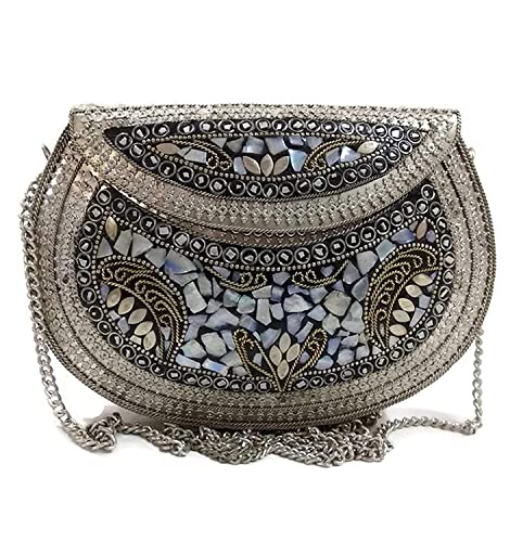 Image of Shakuntala Vintage Clutch - Metal Mosaic Stone & Shell Design Purse - Handmade Women's Handbag