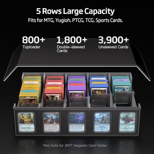 Image of Trading Card Storage Box 5-Row 3900+ Capacity,TCG MTG Card Case with Magnetic Lid & Commander Display,Top Loader Storage for Sports Cards,Includes Dividers Dice Box(Black)