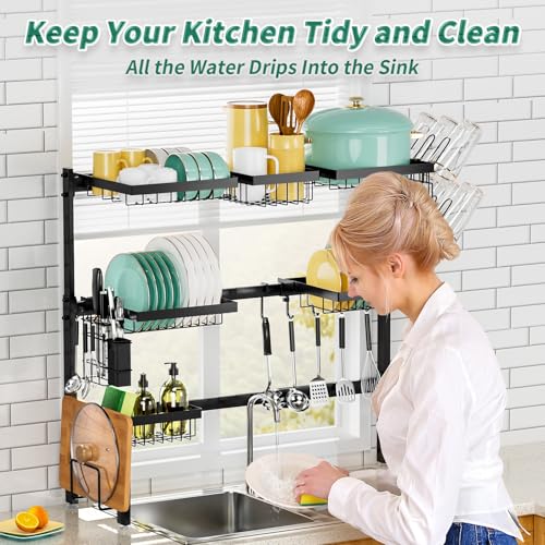 Image of Over The Sink Dish Drying Rack,Expandable Length 3-Tier Large Stainless Steel Over The Sink Dish Rack with 6 Baskets, Utensil Holder Dish Drainers for Kitchen Counter