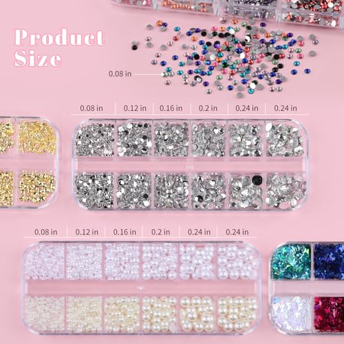 10 Boxes Nail Art Kit - 12 Colors Pointed/Flatback Rhinestones, 3D Gold/Silver/Rose Nail Studs, White Beige Half Pearls, Holographic Glitter & Foils + 3 Tools for DIY Nail Art Jewels & Crafts - Image 6