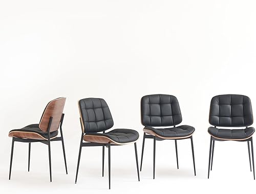 Miniatura 15 de Sillas de comedor modernas de mediados de siglo con respaldo de grano de nogal, juego de 4 sillas de comedor de cuero sintético marrón, sillas de