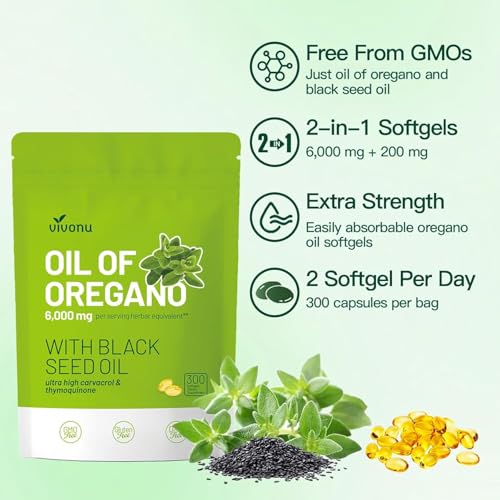 Image of VivoNu Oil of Oregano with Black Seed Oil, Balanced Oil of Oregano Capsules, Organic Oregano Oil Softgels, Non-GMO(300 Count /1 Pack)
