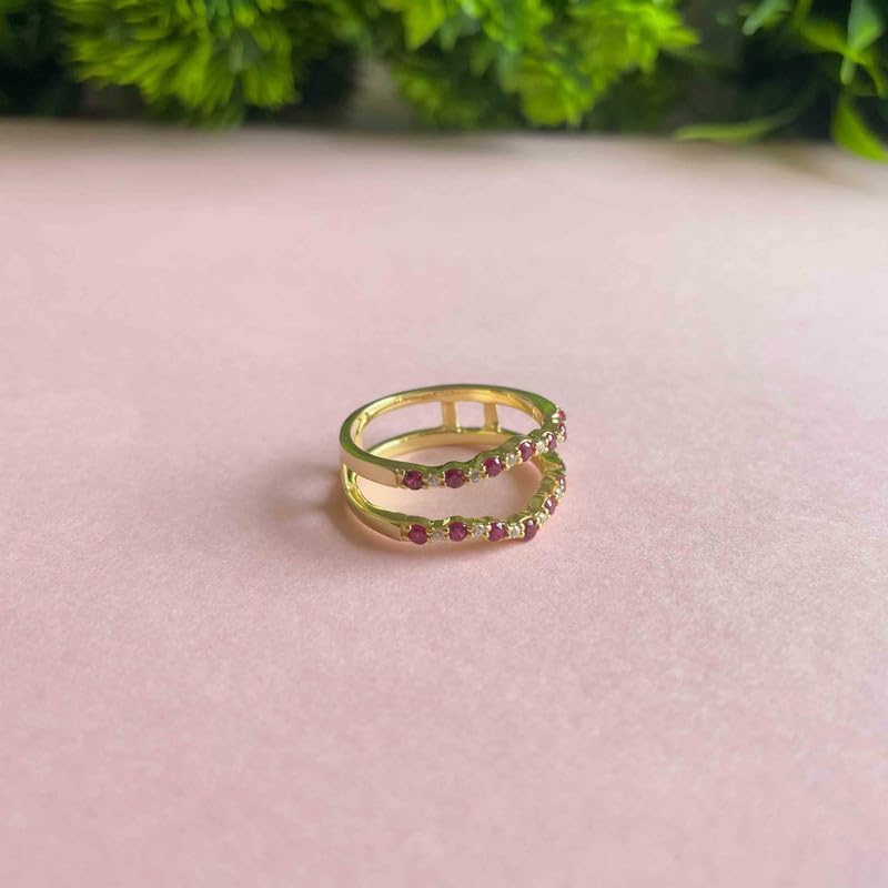 Red Ruby & White Diamond V Shaped Contour Matching Enhancer Guard For Women, 14K Gold Finish Ruby Anniversary Chevron Wrap Ring