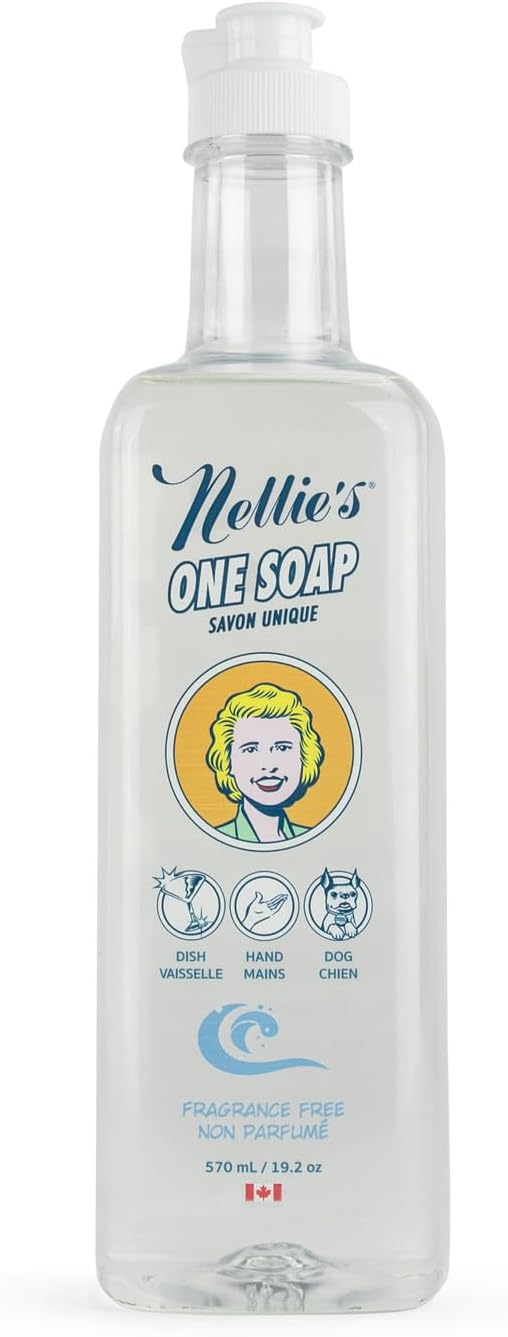 Nellie's One Soap โ Fragrance-Free Multi-Purpose Cleaner for Dishes, Surfaces, and Hands โ Gentle, Plant-Based Formula Thatโs Soft on Skin โ 19.2 oz (Made in Canada)
