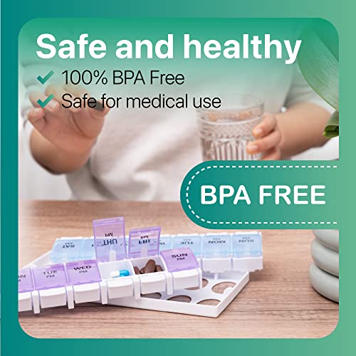 Image of Sukuos AM PM Weekly 7 Day Pill Organizer, 2 Times A Day Pill Box with Arthritis Friendly Push Button, Medicine Cases for Vitamin /Fish Oil /Supplements, Easy to Clean (Purple&Blue)
