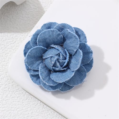 Image of Fashion Denim Camellia Flower Lapel Brooch Pin for Women Girls Fabric Floral Bouquet Corsage Pins Clip Sweater Coat Dress Suit Backpack Brooches Pins Boho Jewelry Gifts Clothes Accessories