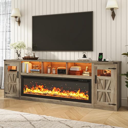 Image of Fireplace TV Stand for 100 Inch TV, 95 inch Farmhouse Entertainment Center with 60 inch Electric Fireplace & LED Lights, Large Media Console for Living Room, Rustic Barn Doors, Power Outlets,Grey