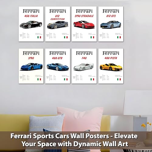Image of Flybuy Hub Wall Art Posters, 20x30 cm (A4), Self-Adhesive, F-1 Racing Design for Bedroom, Living Room, Office (Ferrari Pack of 8)