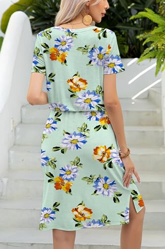 Image of levaca Womens Summer Casual Dress Belly Drawstring Beach Coverup Short Sleeve 2025 Outfit Midi Sundress with Pockets