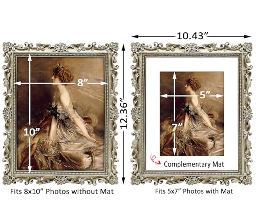 Image of Silver Picture Frame 8x10 Antique Picture Frames Vintage | Real Glass, Wall or Tabletop Display, Matted to 5x7 Photo