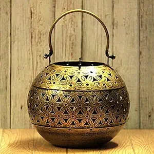 GUNENDRA Crafts Home Decor Handcrafted Beautiful Hanging Metal Lota Candle Holder Antique Shade Box For Home Decoration|Lantern|Candle Stand|Gifting (14 X 14 X 14 Cm), Gold