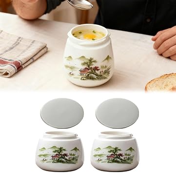 2 Pcs Coddled Egg Cups, Coddle Egg Coddler Cups with Lids, Vintage Ceramic Soft Boiled Eggs Cooker,220ml Porcelain Tableware Breakfast Serving, Retro Table Treasure Chawanmushi Steamed Eggs Dish