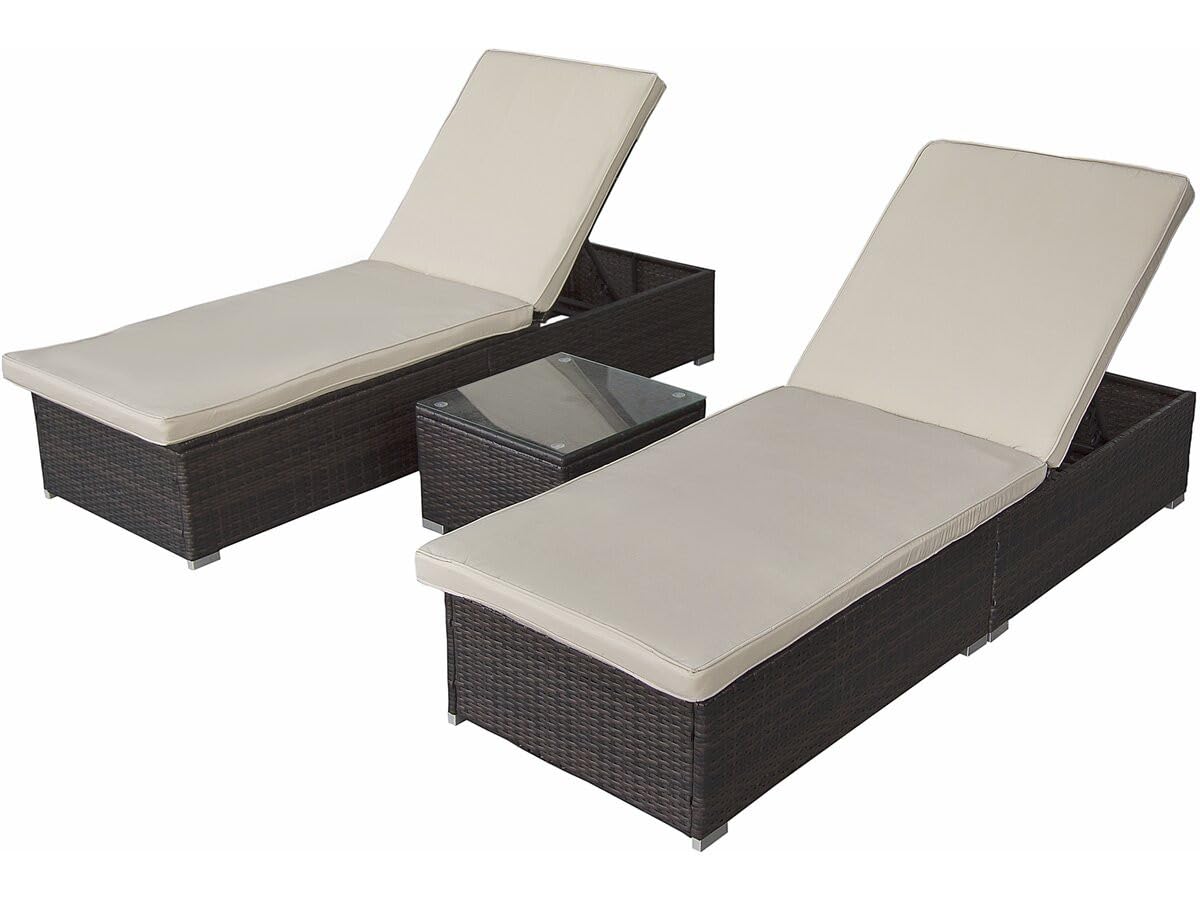 Lot de 2 Bains de Soleil en résine tressée avec Coussins et Table Basse Alice - Marron