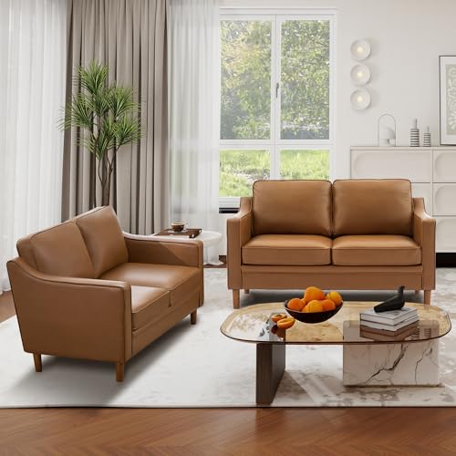Image of Kingfun 60 inch Faux Leather Sofa, Loveseat Couch, Mid Century Modern Love Seat Couches with Solid Wood Frame for Living Room Bedroom