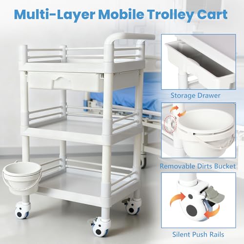 Inracity Mobile Medical Trolley 3 Tier Rolling Utility Cart with Dirt Bucket & Drawer, Beauty Salon Cart for Spa Tattoo Waxing, Esthetician Carts for Salon Hospital Dental Clinic Home, Postpartum Cart