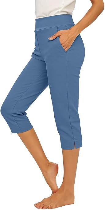 Capri Pants for Women Dressy High Waisted Stretchy Pull On Capris Pant Straight Side Split Comfy Cropped Trousers