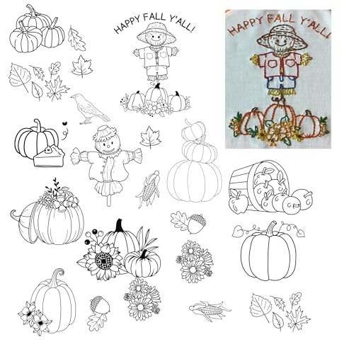 Image of Fall Autumn Pumpkin Ready-to-Use Embroidery Design Transfers on Stick and Stitch Water Soluble Sewing Stabilizer Paper for Hand Embroidery Kit Thread Art Projects