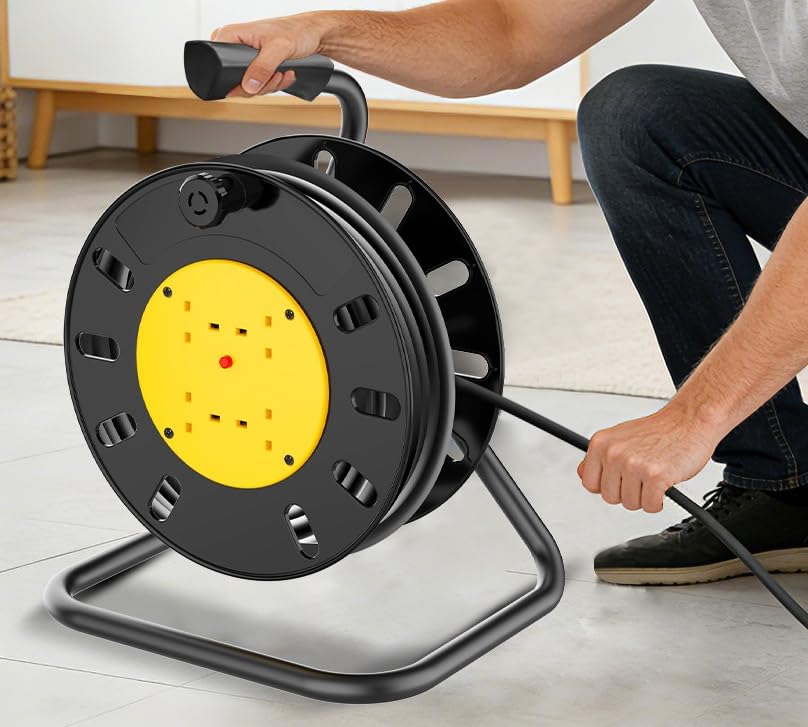 Outdoor Extension Lead Cable Reel 15m, 4 Socket Heavy Duty Reel with Thermal Cut Out, 13A Fused Plug, Portable Winding Handle for Garden & Workshop