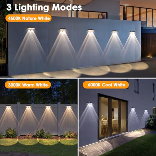 Mancra Solar Fence Lights Outdoor, 6 Pack Waterproof Solar Deck Lights, 3000K/4500K/6000K Dusk to Dawn Solar Lights for Outside Deck Patio Porch Yard