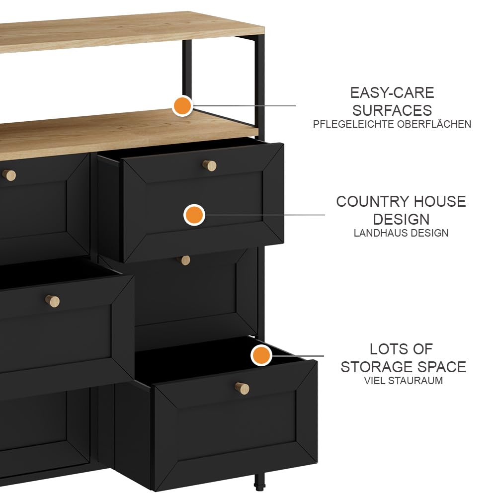 Vicco Cassettiera Belaro, Nero, 80 x 95 cm | con 6 cassetti, adatto per riporre utensili da cucina e stoviglie