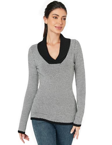 AmélieBoutik Women Color Trim Collar V Neck Long Sleeve Plaid Knit Sweater Tops3