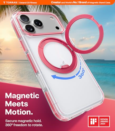 Image of TORRAS 360 Magnetic Stand for iPhone 17 Pro Max Case, [Fit for MagSafe] [Military-Grade Protection] Slim Case for iPhone 17 Pro Max 6.9 inch 2025, Clear-Pink, Ostand O3 Fitness Series
