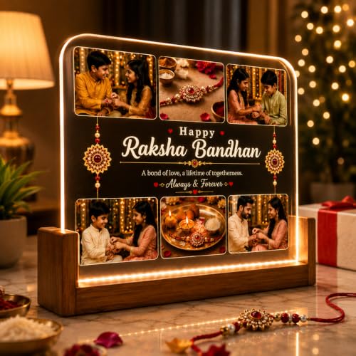 Image of Personalized Raksha Bandhan Acrylic LED Lamp with Custom Photo (UShape) | Night Light, Brother Sister, Free Rakhi Included, Custom Photo