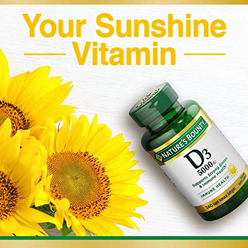 Vitamin D by Nature’s Bounty for immune support. Vitamin D provides immune support and promotes healthy bones. 5000iu, 240 Softgels