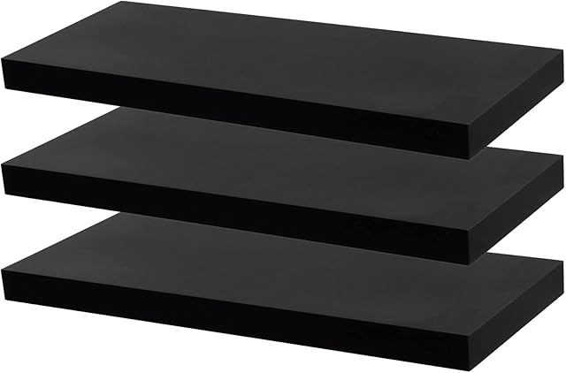 Harbour Housewares 3x Black 60cm Floating Wall Shelves Set Easy to Install Shelf Office, Bedroom, Living Room Storage Wall Mounted Shelves