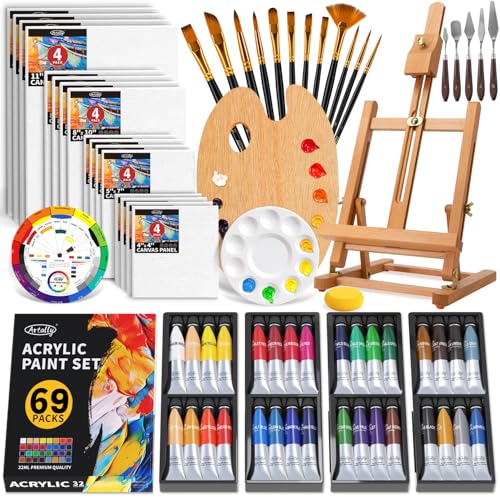 ARTALLY Acrylfarben-Set mit Tischstaffelei 32 Farben 69-teiliges Kunst-Set Leinwandplatten Pinsel Malzubehör für Künstler