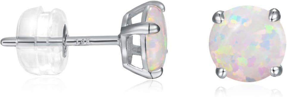 14K Gold Earrings Studs for Women 6mm White Fire Opal Earring Hypoallergenic Jewelry Gifts