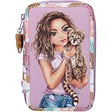 Depesche 10761 TOPModel Urban Jungle - Gefüllte 3-fach Federtasche im Dschungel-Design mit TOPModel-Aufdruck und Leo-Anhänger, Schüler-Etui in Flieder mit Buntstiften, Lineal, Schere uvm.