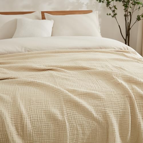 EMME Baumwolle Decke, Vorge-waschene Kuscheldecke, Weiche und Atmungsaktive Tagesdecke, Universale Sofadecke Leichte Bequeme Baumwoll Musselin Decke für Ganze Saison (Beige, 127 x 177 cm)