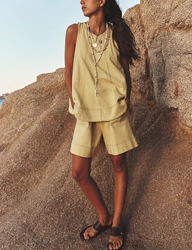 Image of Women 2 Piece Outfits Flowy Sleeveless Tunic Tops Loose Shorts with Pockets Tracksuit Summer Lounge Matching Set 2025
