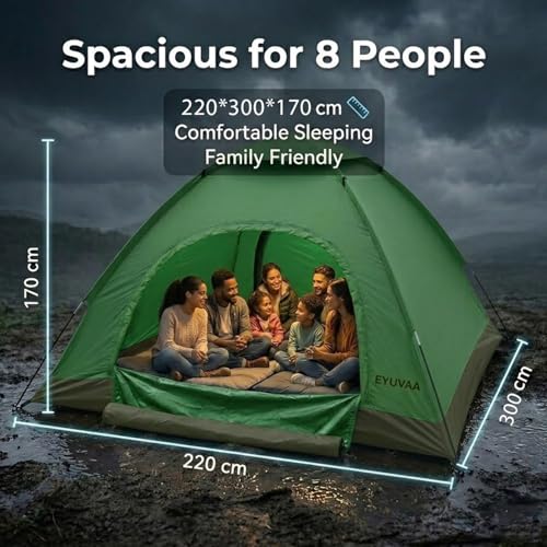 Image of EYUVAA LABEL Camping Tent for 8 Person Waterproof Portable Outdoor Dome Tent with Carry Bag Easy Setup Lightweight for Hiking, Picnic & Travelling