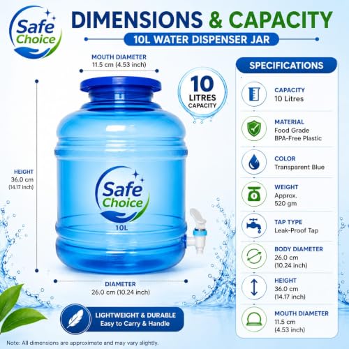 Image of Plastic Water Dispenser Jar with Tap | BPA-Free Water Can for Home, Kitchen & Office Use | Leak-Proof Blue Dispenser Jug - 10L Pack of 1