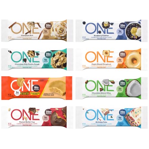 One Protein Bar Sampler Variety Pack - 8 Assorted Flavors - 2.12 Oz Bars - Gluten-Free Protein Bar with High Protein 18-20g - Low Sugar - 8 Pack