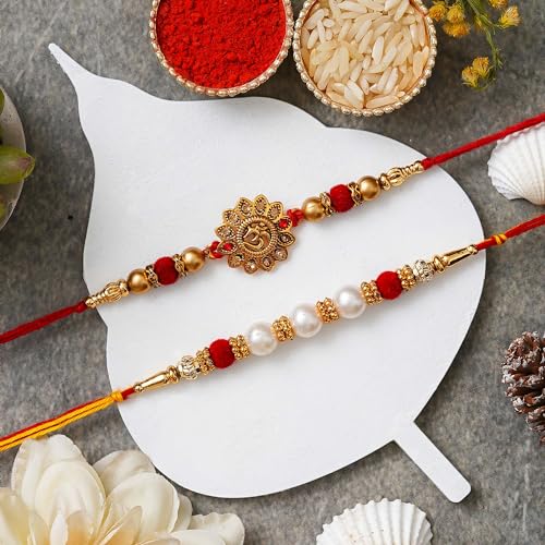 Image of eCraftIndia Set of 2 Peach, Green & Golden Pearls, Designer Rakhis | Roli Chawal Pack