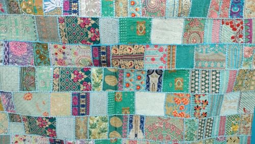 Image of Ekam Art Handmade Embroidered Patchwork Design Cotton Wall Hanging Tapestries 40 x 60 Inch (Turquoise)