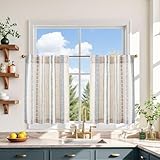 jinchan Boho Kitchen Curtains 24 Inch Linen Tier Curtains with Geometric Pattern Bohemian Cafe Small Light Filtering Window Treatment for Living Room RV Back Tab 2 Panels Blue on Linen