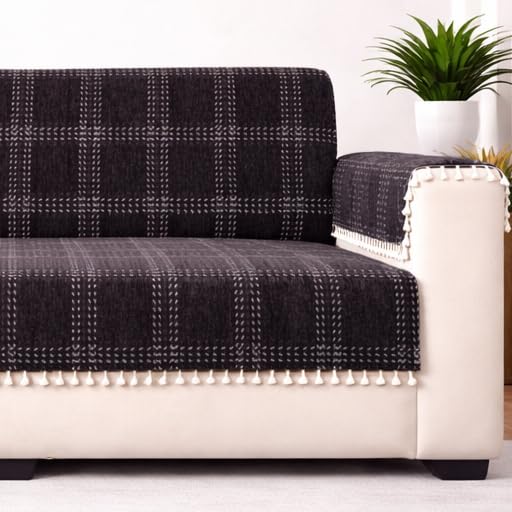 Image of STITCHNEST Woven Fabric Sofa Cover 2 Seater with 2 Hand Rest Covers - Washable Brown Sofa Cover with Tassels - Durable Premium Fabric - Stylish Sofa Protector for Living Room & Furniture Decor