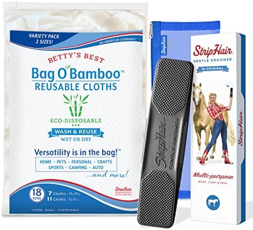 StripHair Horse Bundle 3pc Gentle Groomer 6-in-1 Shed Groom Massage, Bag O' Bamboo Reusable Cloths 2 sizes, Storage Pouch