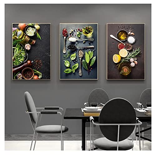 Art mural cuisine herbes épices pour raviver un mur blanc de salle à manger triptyque sans cadre