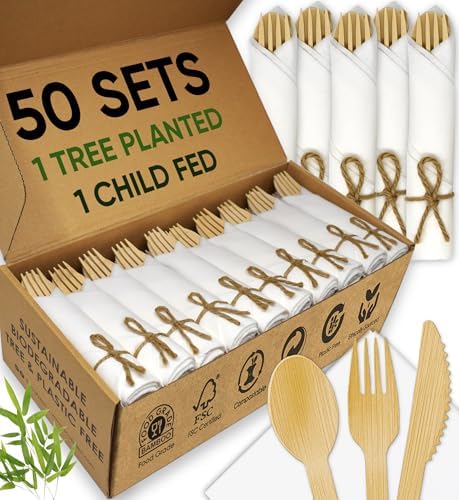 Premium Pre-Rolled Napkin and Bamboo Cutlery Set (50 Pack, 200 PC...