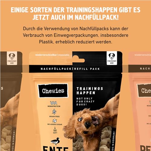 Chewies Trainingshappen Ente - Monoprotein Snack für Hunde - 300 g - getreidefrei & zuckerfrei - Softe Leckerlies fürs Hundetraining - hypoallergen