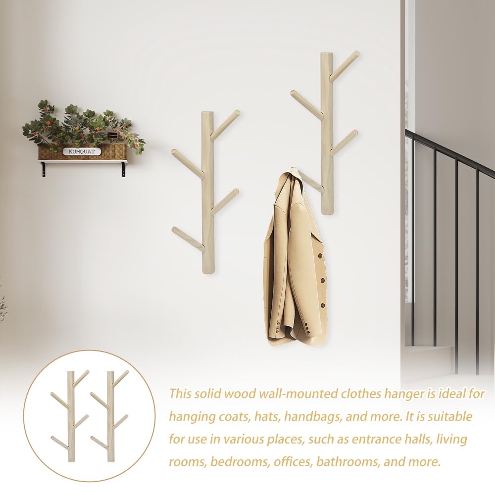 2 Pezzi Appendiabiti aAlbero da Muro Appendiabiti da Parete in Legno di Pino 40cm Attaccapanni da Muro a Forma di Ramo con 8 Ganci per Cappotti, Cappelli, Ingresso, Ufficio