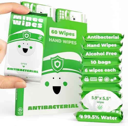 Impossibly Compact Travel Antibacterial Wipes Hand Sanitizer - 99.5% Water and Aloe - Safe for Sensitive Skin & Hypoallergenic Hand Wipes - Travel Essentials For Adults & Kids, 10 Pack Total 60 Wipe
