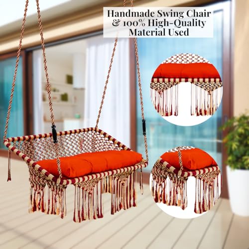 Image of Patiofy Premium Large Double Seater Swing Hanging Hammock Swing Chair for 2 People /Jhula for Adults / 2 Seater Swing for Balcony /Includes Free Hanging Kit & Cushion (Red Golden)