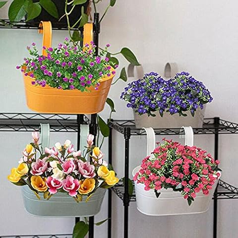 FGYZYP Metal Iron Wall Hanging Flower Pots, 4Pcs Colorful Planter Bucket Flower Plant Holder with Detachable Hooks for Balcony Railing Fence Indoor & Outdoor Garden Home Decoration Cover